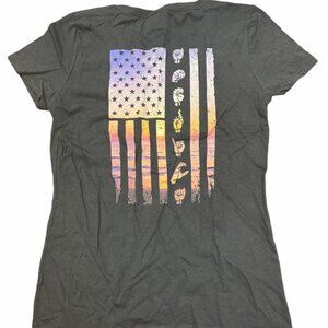 Fruit Of The Loom Women's Black T-Shirt Small American Flag Sign Language Cotton